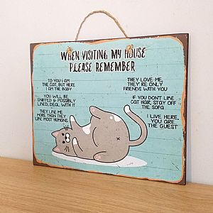 Ξύλινη πινακίδα διακοσμητική με γάτα When Visiting My House Please Remember