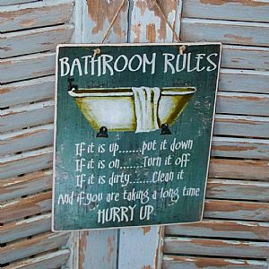 Πινακίδα "Bathroom Rules" ξύλινη χειροποίητη
