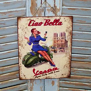 Πινακίδα "Vespa - Ciao Bella" ξύλινη χειροποίητη