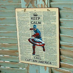 Πινακίδα "Keep Calm And Call Captain America" ξύλινη χειροποίητη
